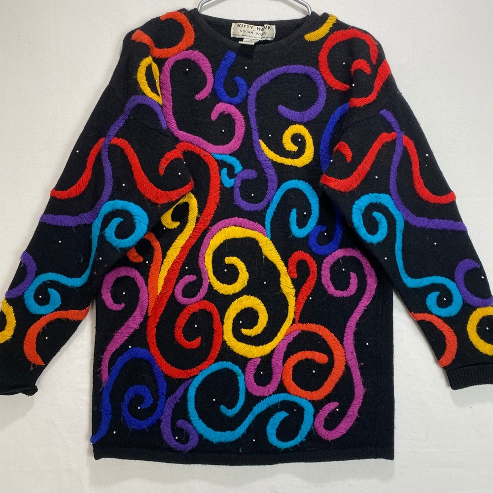 Kitty‎ Hawk by Vivian Wang Black Embroidered Swirl Rhinestone Sweater Size S